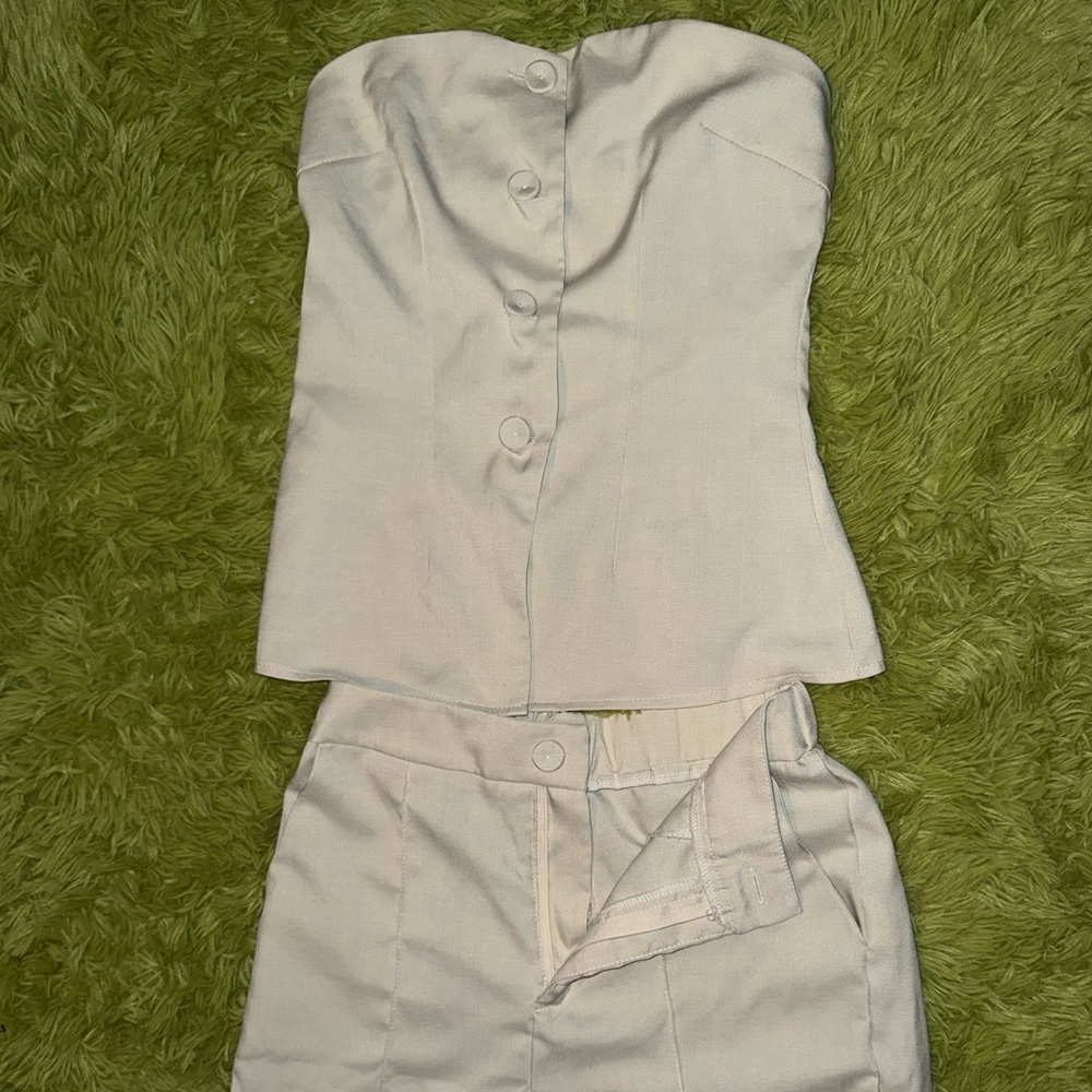 Strapless Pantsuit Cream Button-Up Top and Pants Set